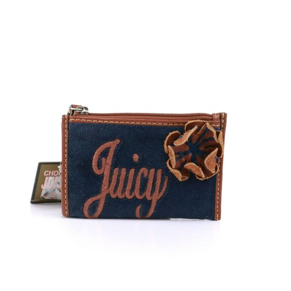 MWT Juicy Couture Coin Case Velour Flower Navy Pink - Picture 2 of 7